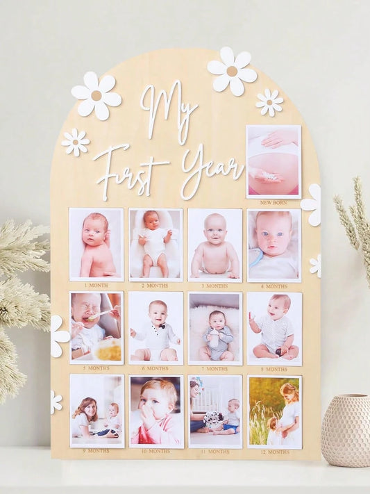 My First Year Baby Milestone Wooden Photo Display Board Personalized 12 Months Newborn Photo Frame For Baby Boy Girl Birthday Christening