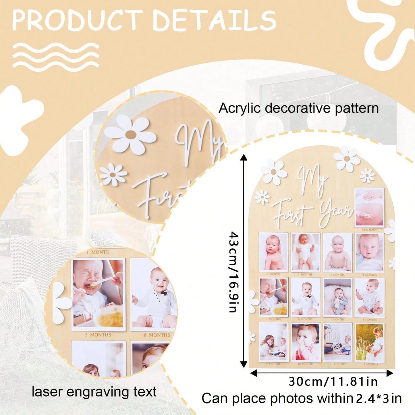 My First Year Baby Milestone Wooden Photo Display Board Personalized 12 Months Newborn Photo Frame For Baby Boy Girl Birthday Christening