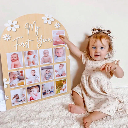 My First Year Baby Milestone Wooden Photo Display Board Personalized 12 Months Newborn Photo Frame For Baby Boy Girl Birthday Christening