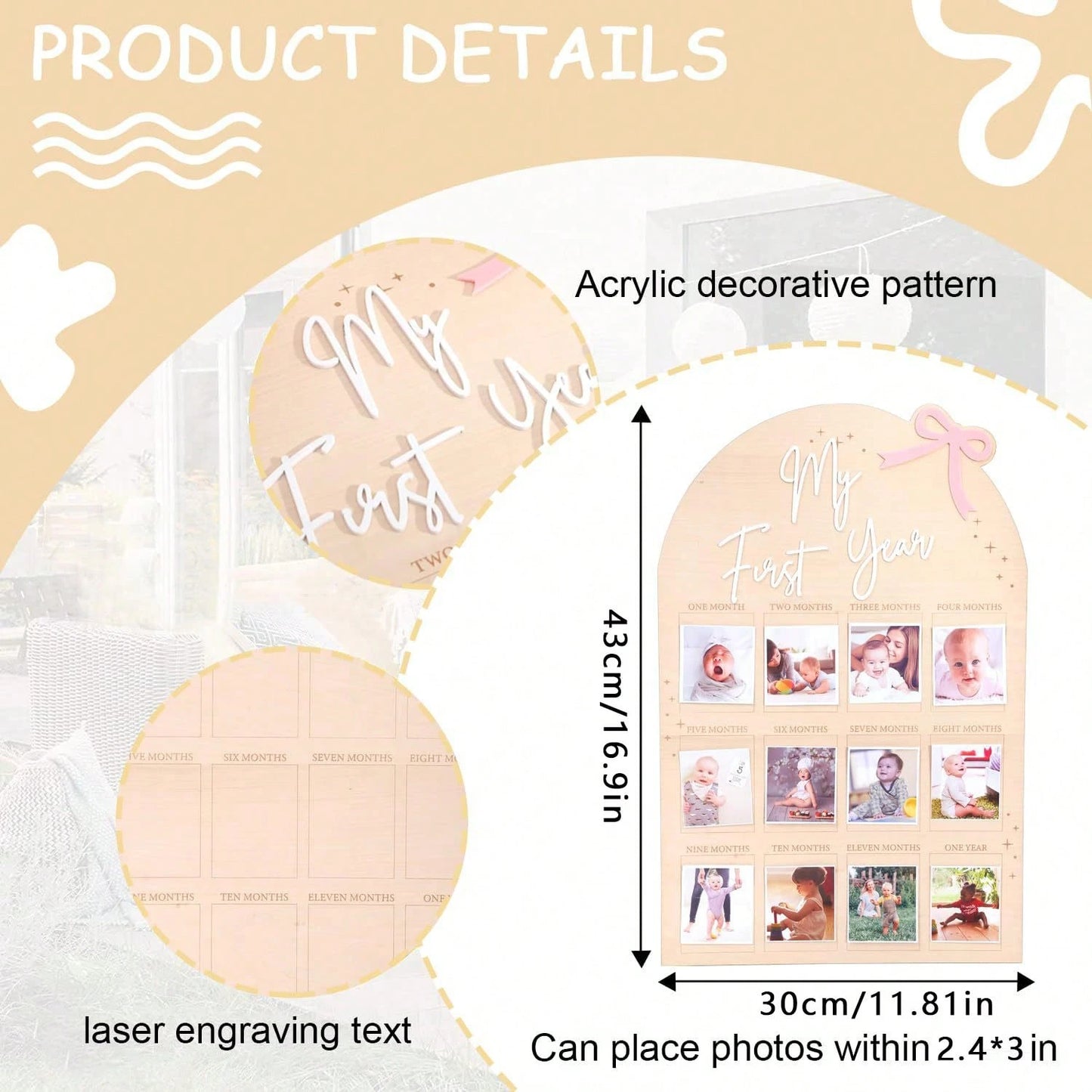 My First Year Baby Milestone Wooden Photo Display Board Personalized 12 Months Newborn Photo Frame For Baby Boy Girl Birthday Christening