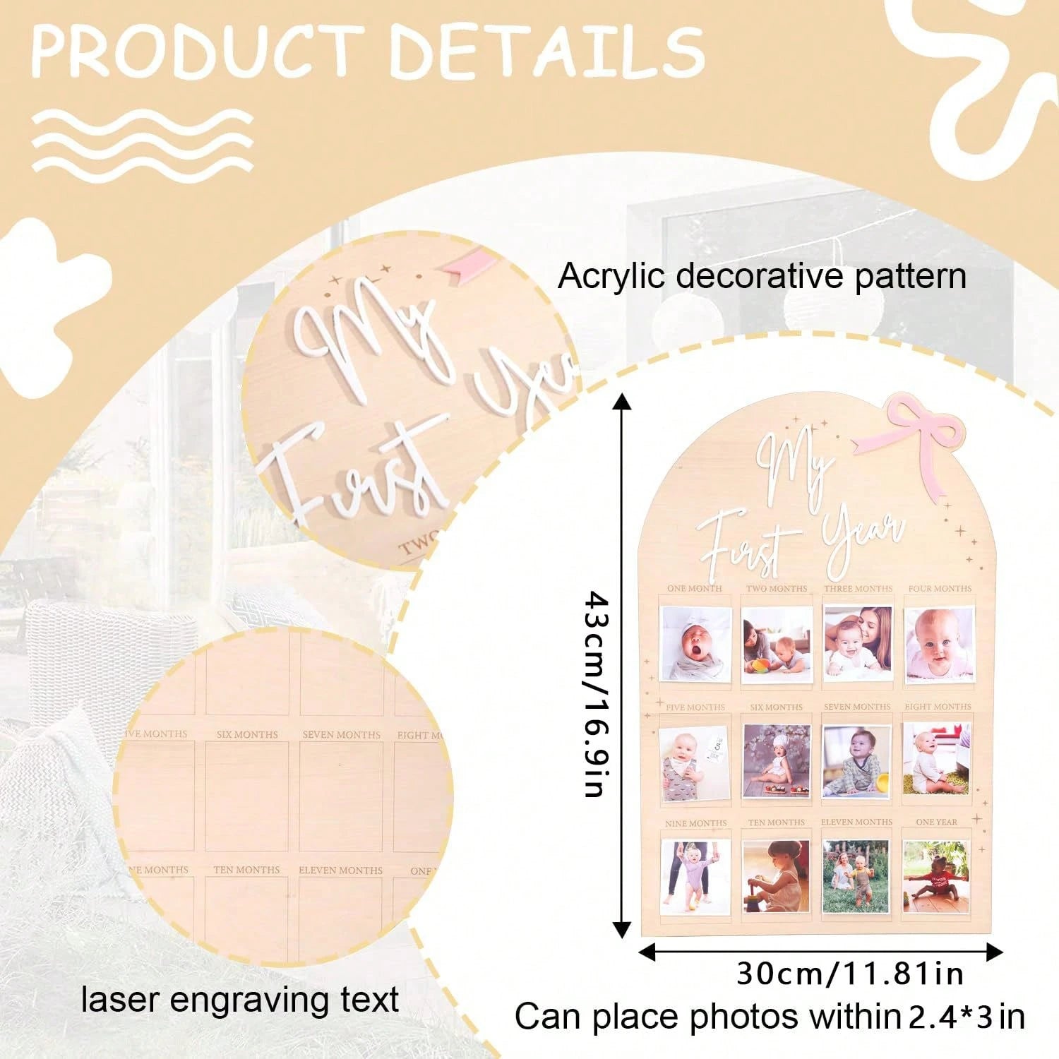 My First Year Baby Milestone Wooden Photo Display Board Personalized 12 Months Newborn Photo Frame For Baby Boy Girl Birthday Christening