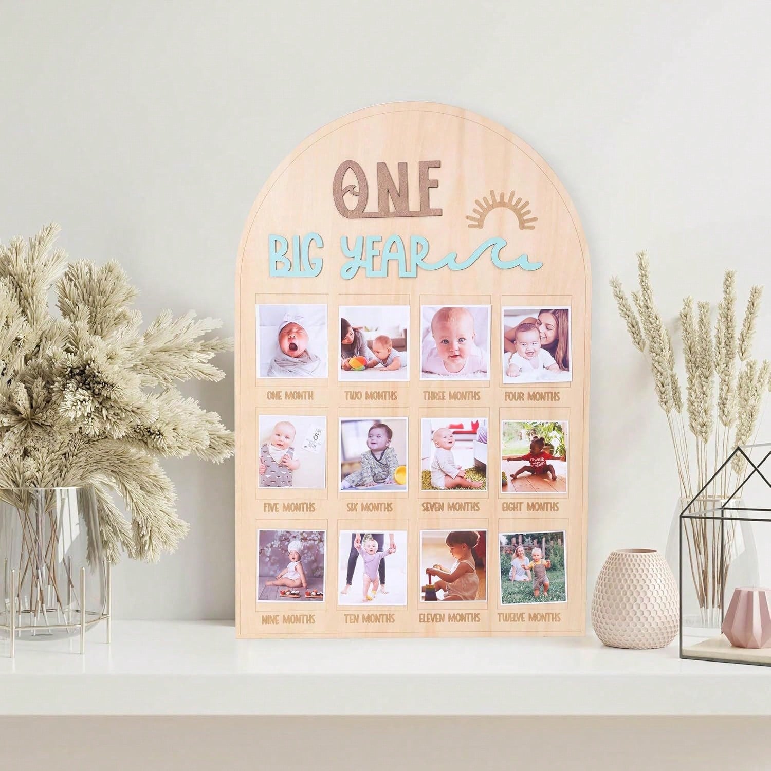 My First Year Baby Milestone Wooden Photo Display Board Personalized 12 Months Newborn Photo Frame For Baby Boy Girl Birthday Christening