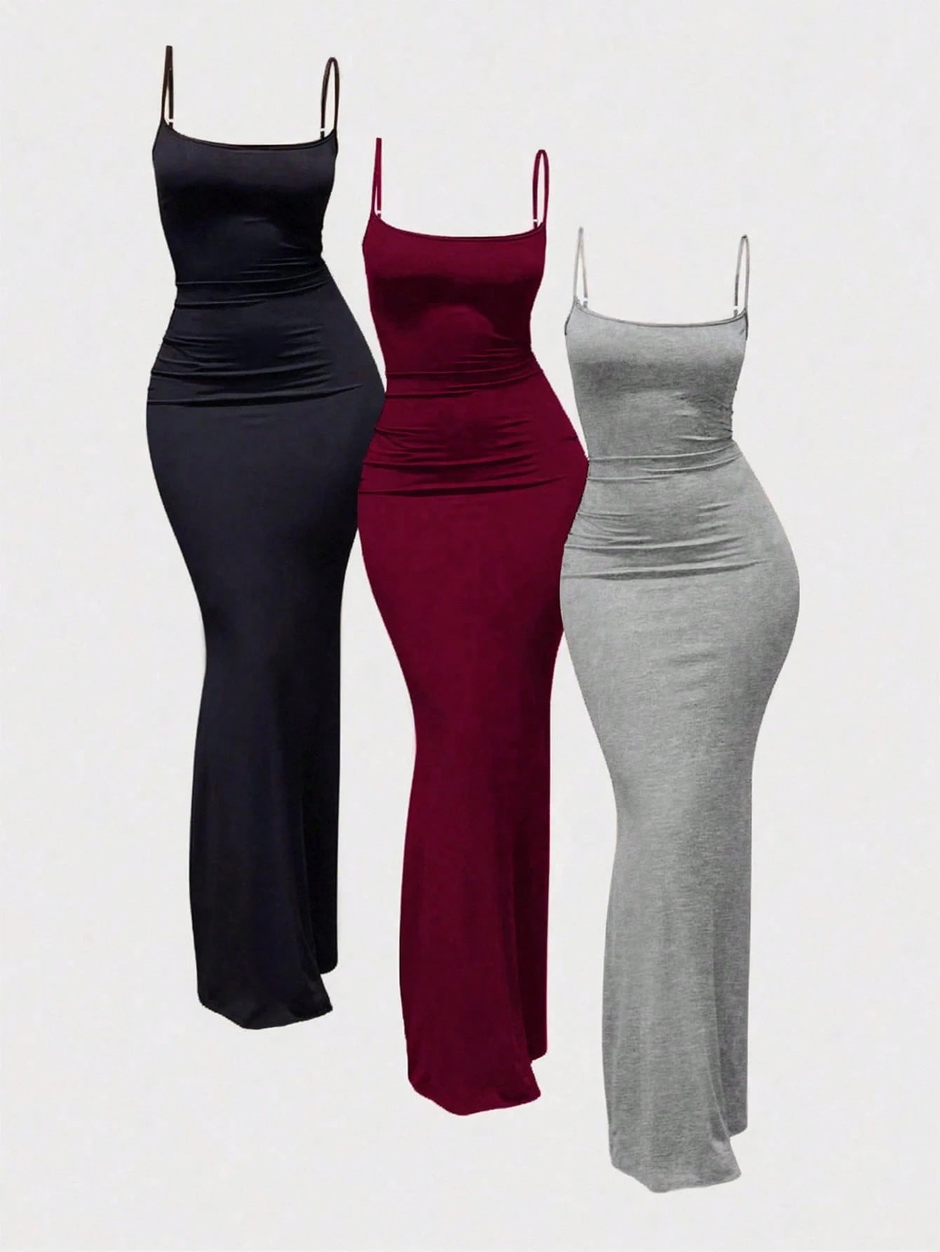 MYSTAURA 3pcs/Set Solid Color Pleated Fitted Camisole Dress, Black, Navy Blue, Beige