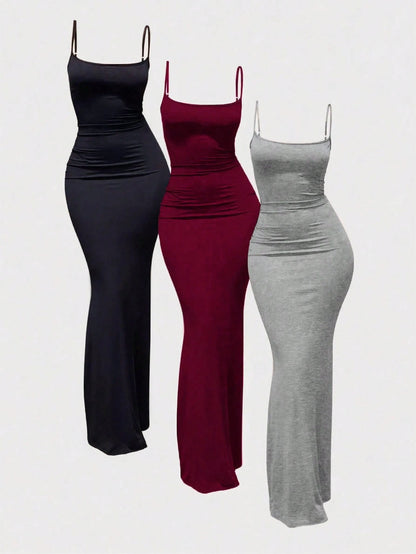 MYSTAURA 3pcs/Set Solid Color Pleated Fitted Camisole Dress, Black, Navy Blue, Beige