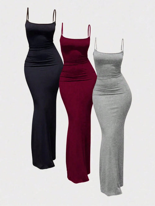 MYSTAURA 3pcs/Set Solid Color Pleated Fitted Camisole Dress, Black, Navy Blue, Beige