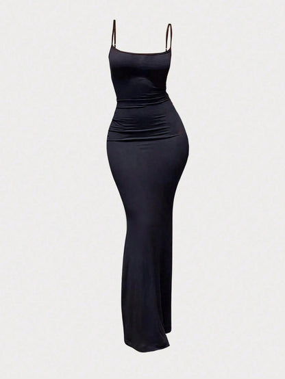 MYSTAURA 3pcs/Set Solid Color Pleated Fitted Camisole Dress, Black, Navy Blue, Beige