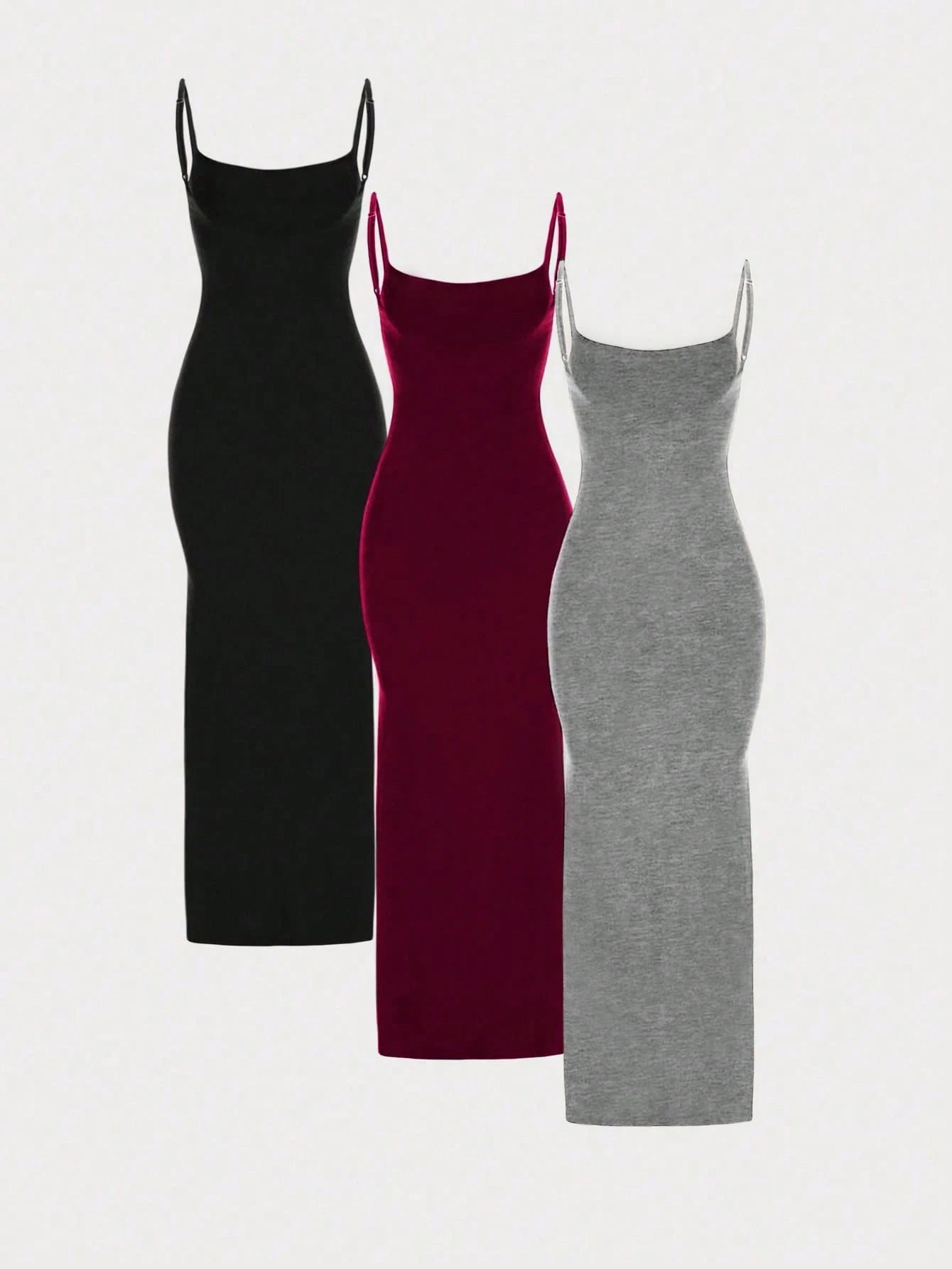 MYSTAURA 3pcs/Set Solid Color Pleated Fitted Camisole Dress, Black, Navy Blue, Beige