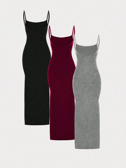 MYSTAURA 3pcs/Set Solid Color Pleated Fitted Camisole Dress, Black, Navy Blue, Beige