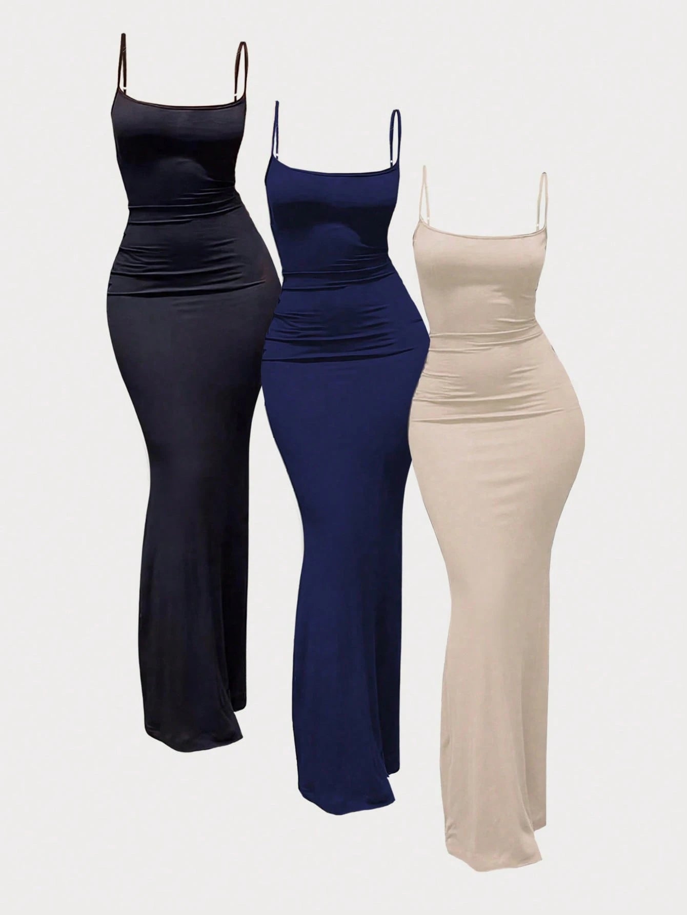 MYSTAURA 3pcs/Set Solid Color Pleated Fitted Camisole Dress, Black, Navy Blue, Beige