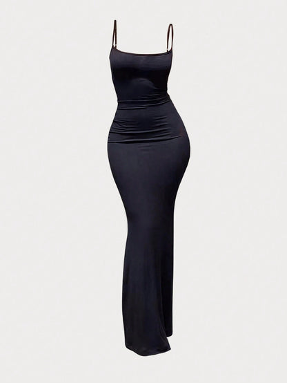 MYSTAURA 3pcs/Set Solid Color Pleated Fitted Camisole Dress, Black, Navy Blue, Beige
