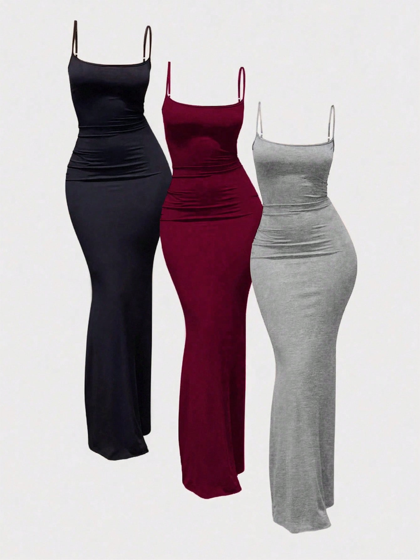 MYSTAURA 3pcs/Set Solid Color Pleated Fitted Camisole Dress, Black, Navy Blue, Beige