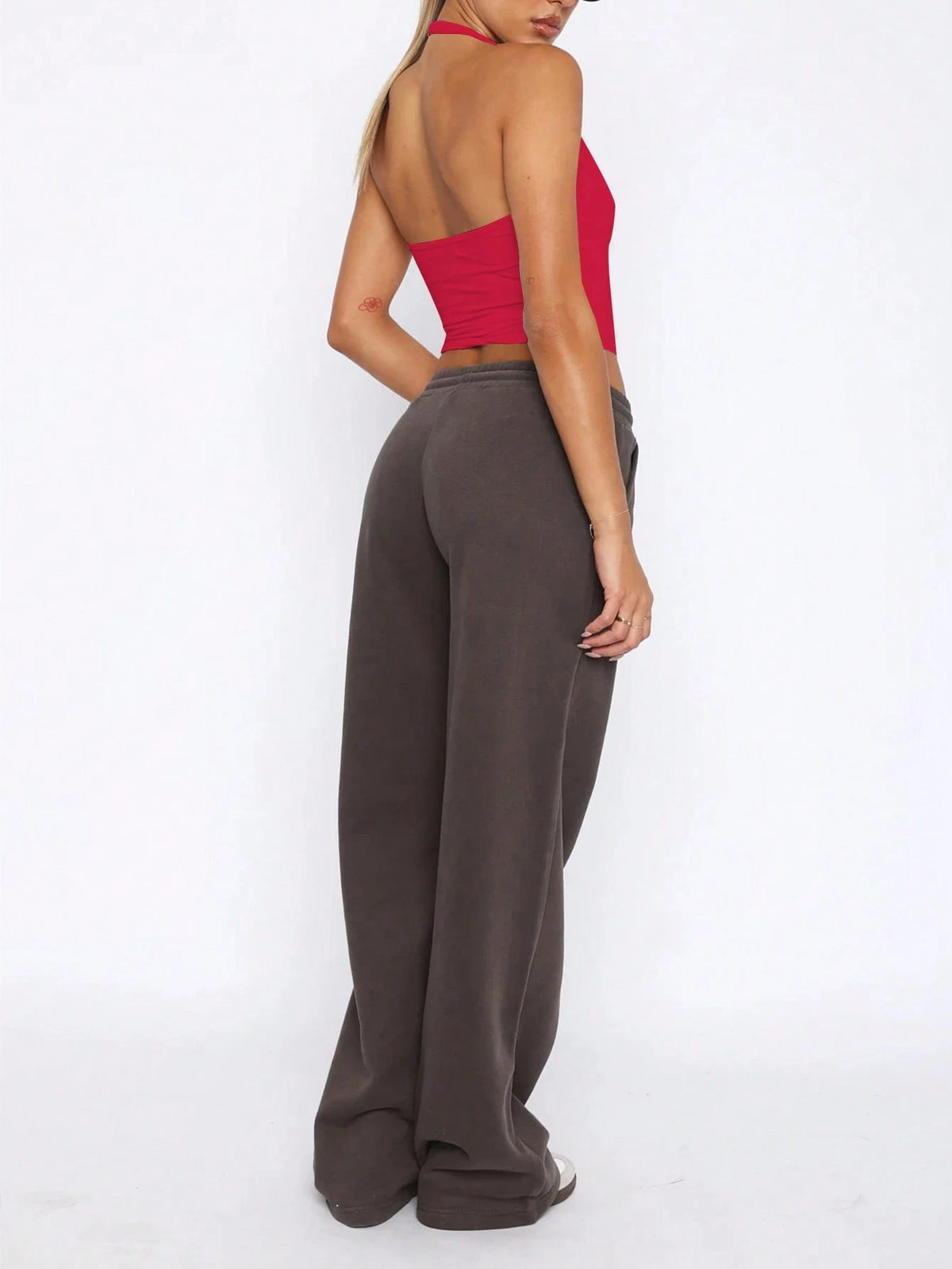 Mystra Sexy Solid Color Deep V-Neck Backless Halter Top, Summer Casual Red