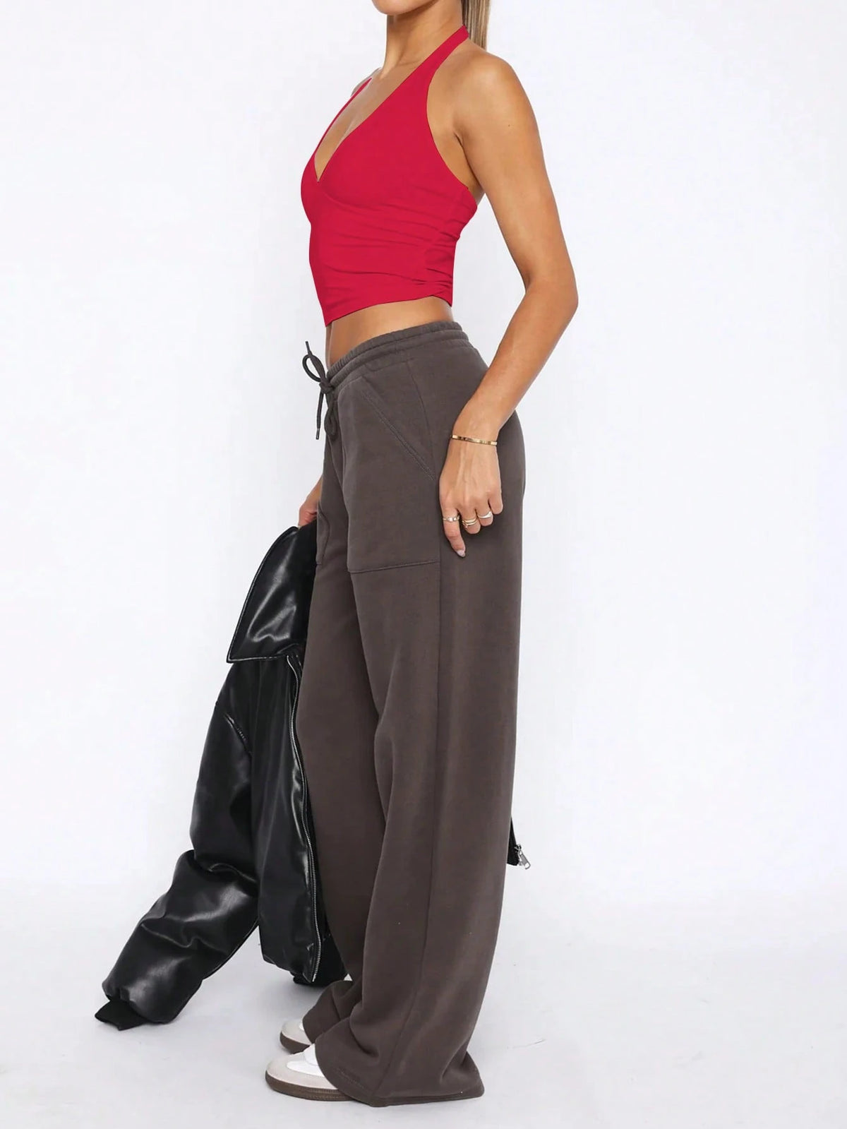 Mystra Sexy Solid Color Deep V-Neck Backless Halter Top, Summer Casual Red