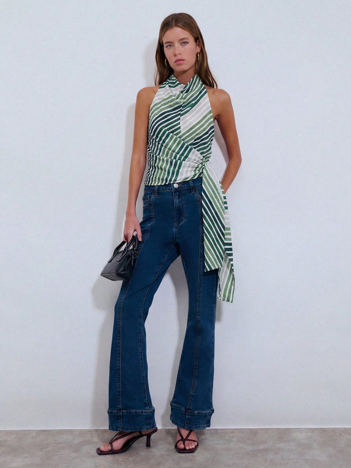 Nöista Diagonal Stripe Halter Cowl Neck Top With Draped Tie. Summer, Fall, Resort, Party, Going Out Style.