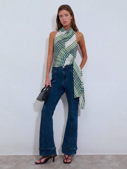 Nöista Diagonal Stripe Halter Cowl Neck Top With Draped Tie. Summer, Fall, Resort, Party, Going Out Style.