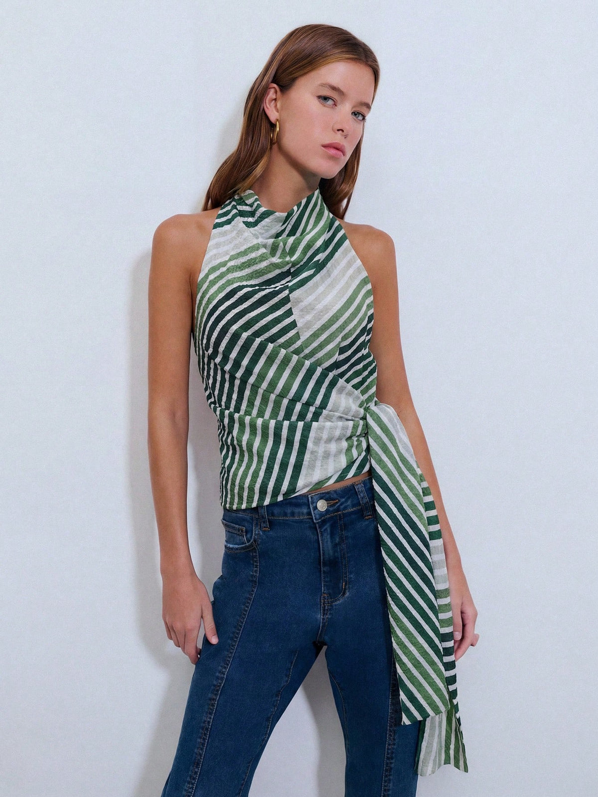 Nöista Diagonal Stripe Halter Cowl Neck Top With Draped Tie. Summer, Fall, Resort, Party, Going Out Style.