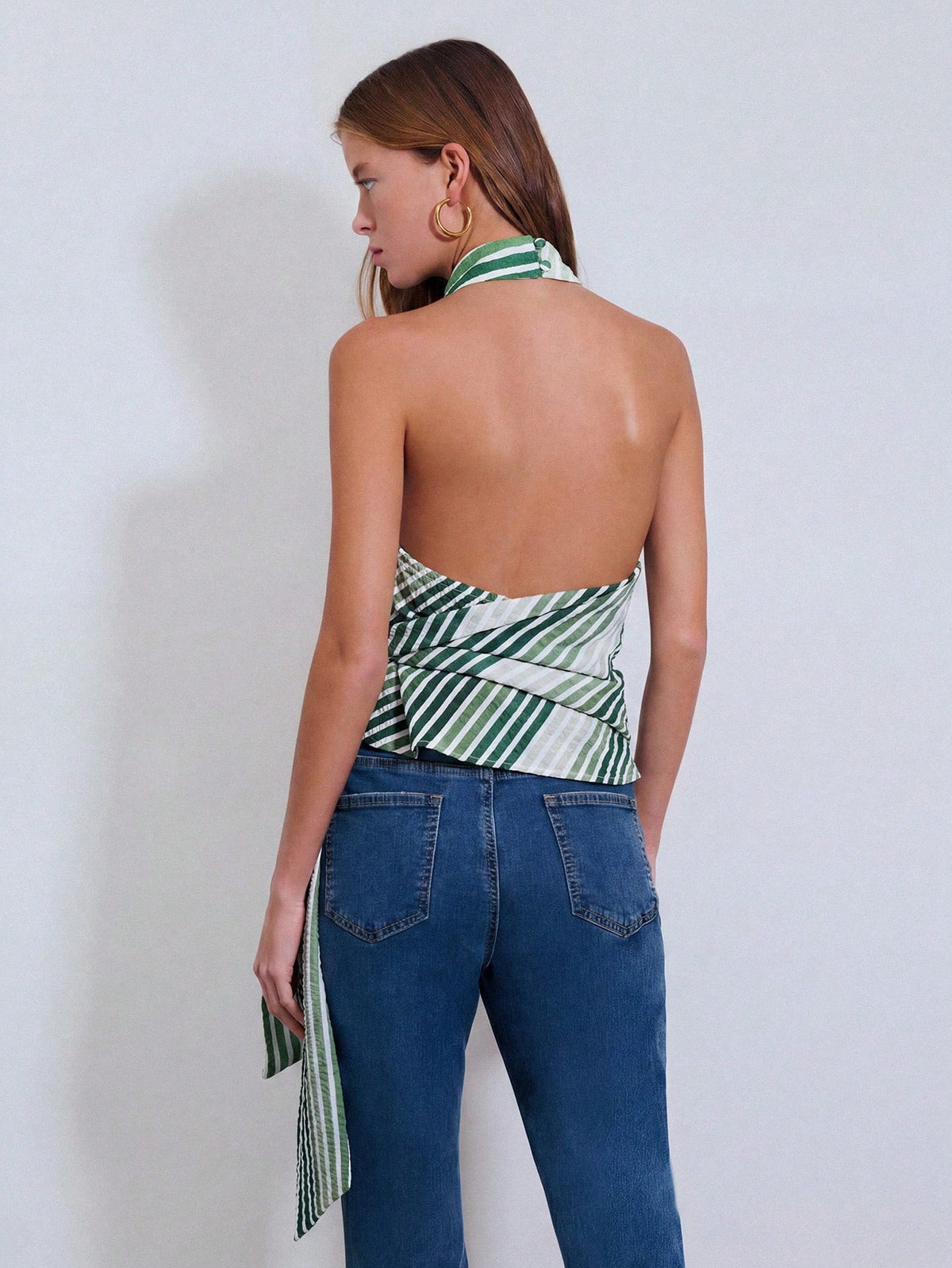 Nöista Diagonal Stripe Halter Cowl Neck Top With Draped Tie. Summer, Fall, Resort, Party, Going Out Style.