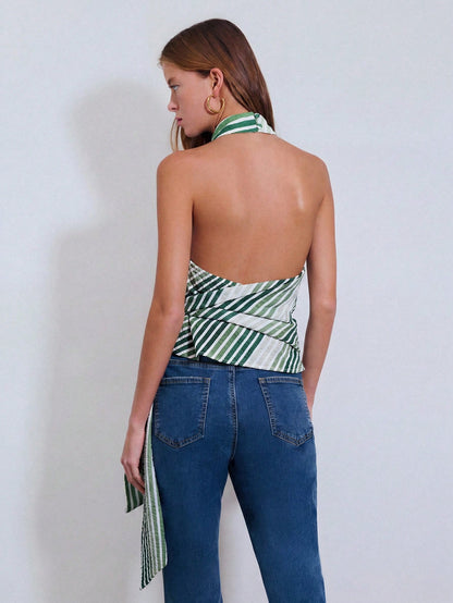 Nöista Diagonal Stripe Halter Cowl Neck Top With Draped Tie. Summer, Fall, Resort, Party, Going Out Style.