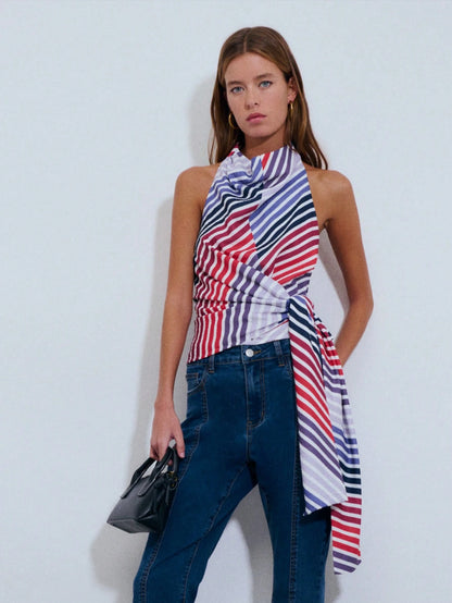 Nöista Diagonal Stripe Halter Cowl Neck Top With Draped Tie. Summer, Fall, Resort, Party, Going Out Style.