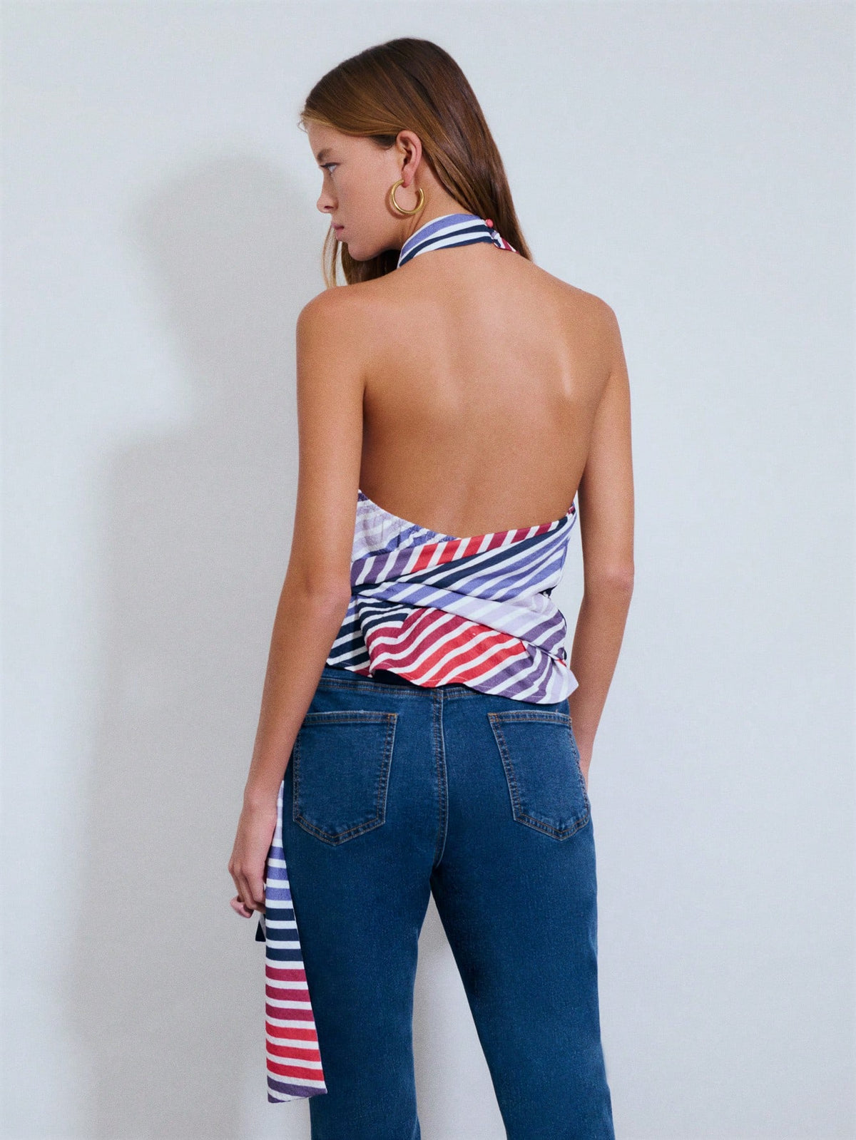 Nöista Diagonal Stripe Halter Cowl Neck Top With Draped Tie. Summer, Fall, Resort, Party, Going Out Style.