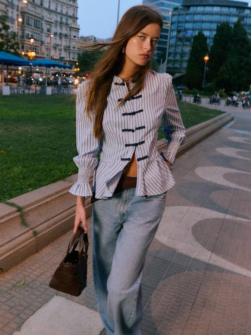 Nöista Striped Peplum Blouse With Mandarin Collar, Perfect For Summer, Fall And Business Casual Looks.