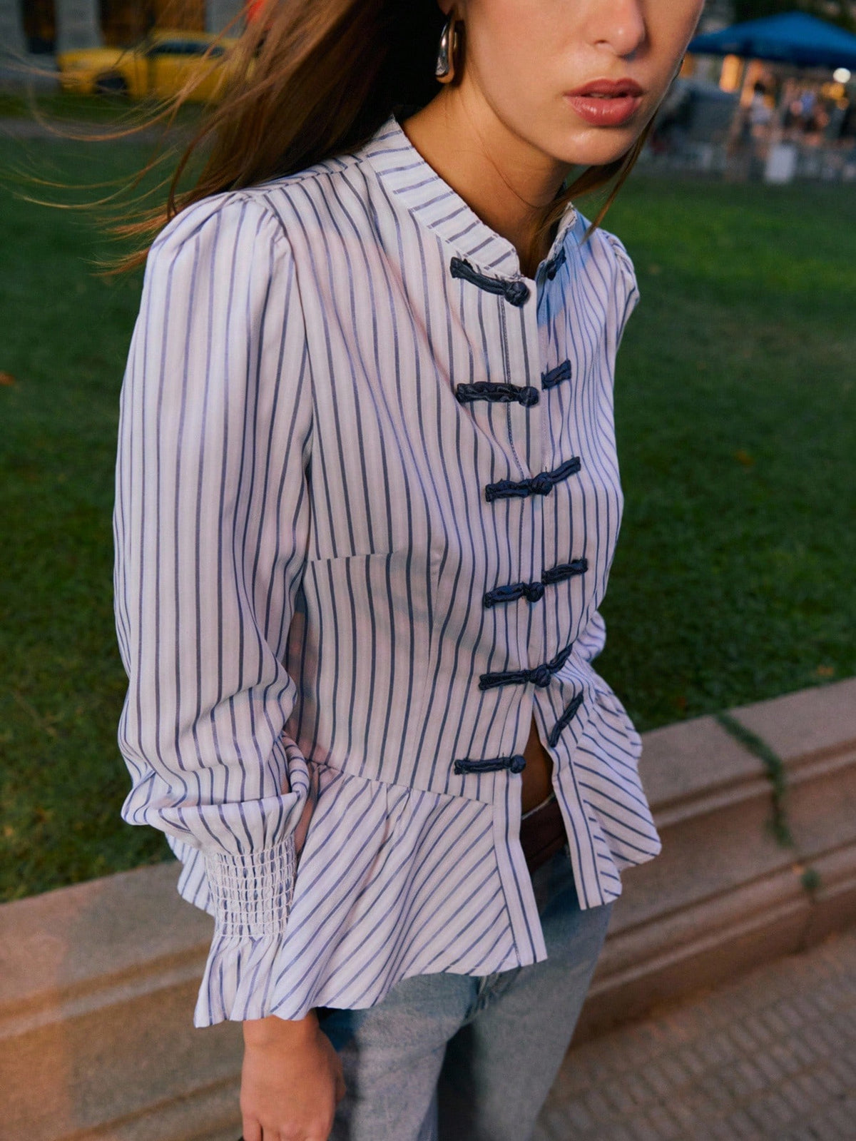 Nöista Striped Peplum Blouse With Mandarin Collar, Perfect For Summer, Fall And Business Casual Looks.