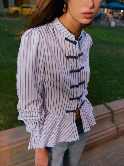 Nöista Striped Peplum Blouse With Mandarin Collar, Perfect For Summer, Fall And Business Casual Looks.