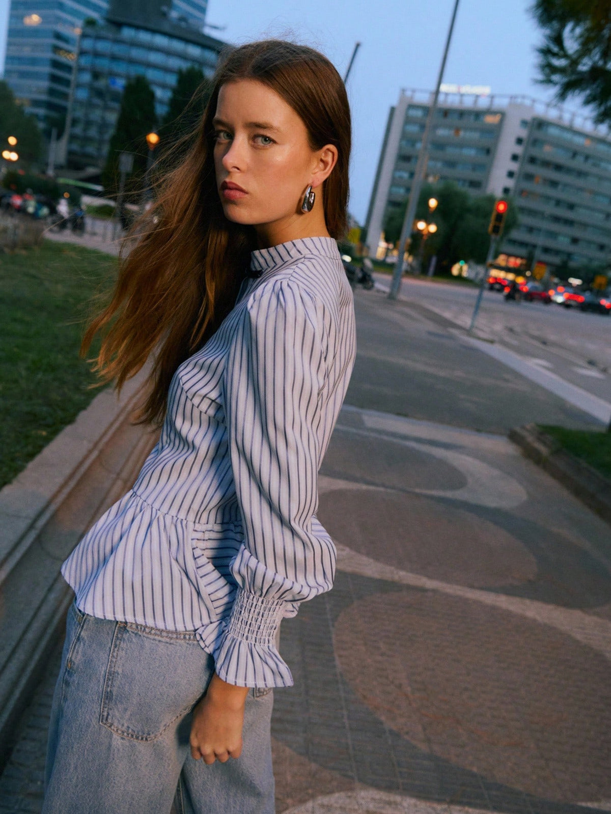 Nöista Striped Peplum Blouse With Mandarin Collar, Perfect For Summer, Fall And Business Casual Looks.