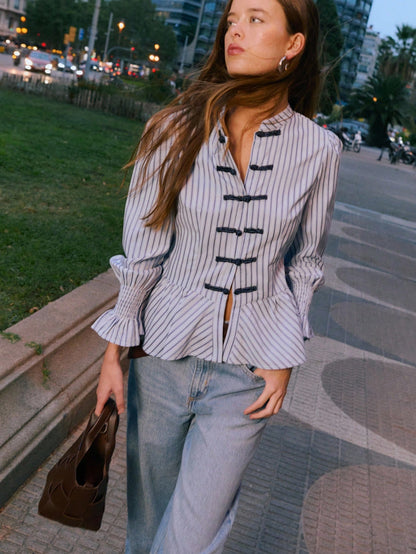 Nöista Striped Peplum Blouse With Mandarin Collar, Perfect For Summer, Fall And Business Casual Looks.