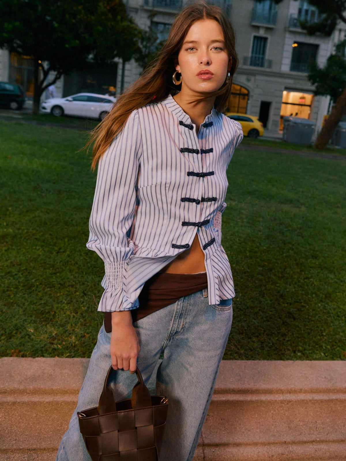 Nöista Striped Peplum Blouse With Mandarin Collar, Perfect For Summer, Fall And Business Casual Looks.