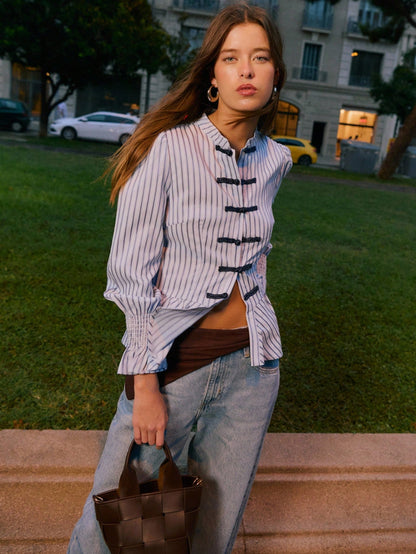 Nöista Striped Peplum Blouse With Mandarin Collar, Perfect For Summer, Fall And Business Casual Looks.