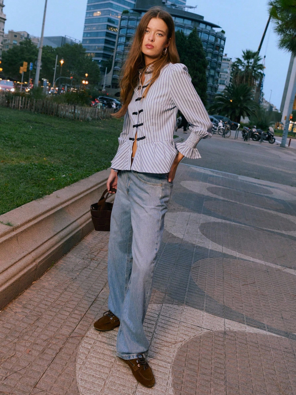 Nöista Striped Peplum Blouse With Mandarin Collar, Perfect For Summer, Fall And Business Casual Looks.