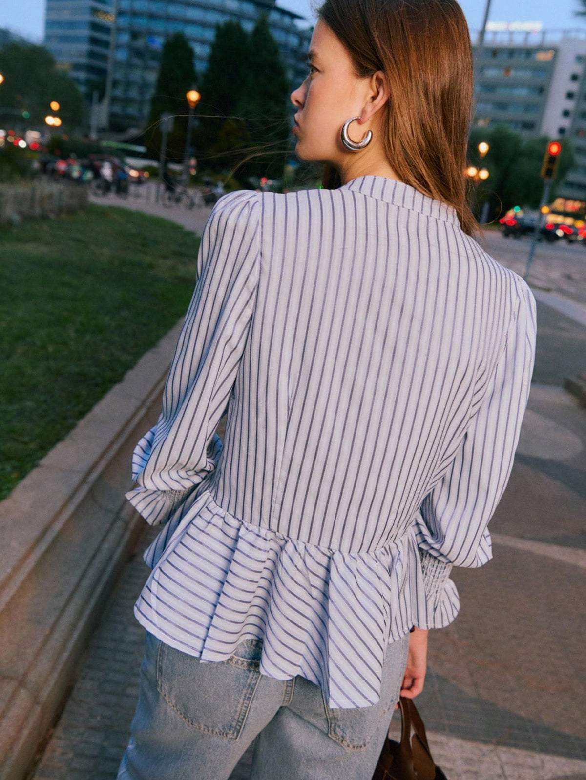 Nöista Striped Peplum Blouse With Mandarin Collar, Perfect For Summer, Fall And Business Casual Looks.