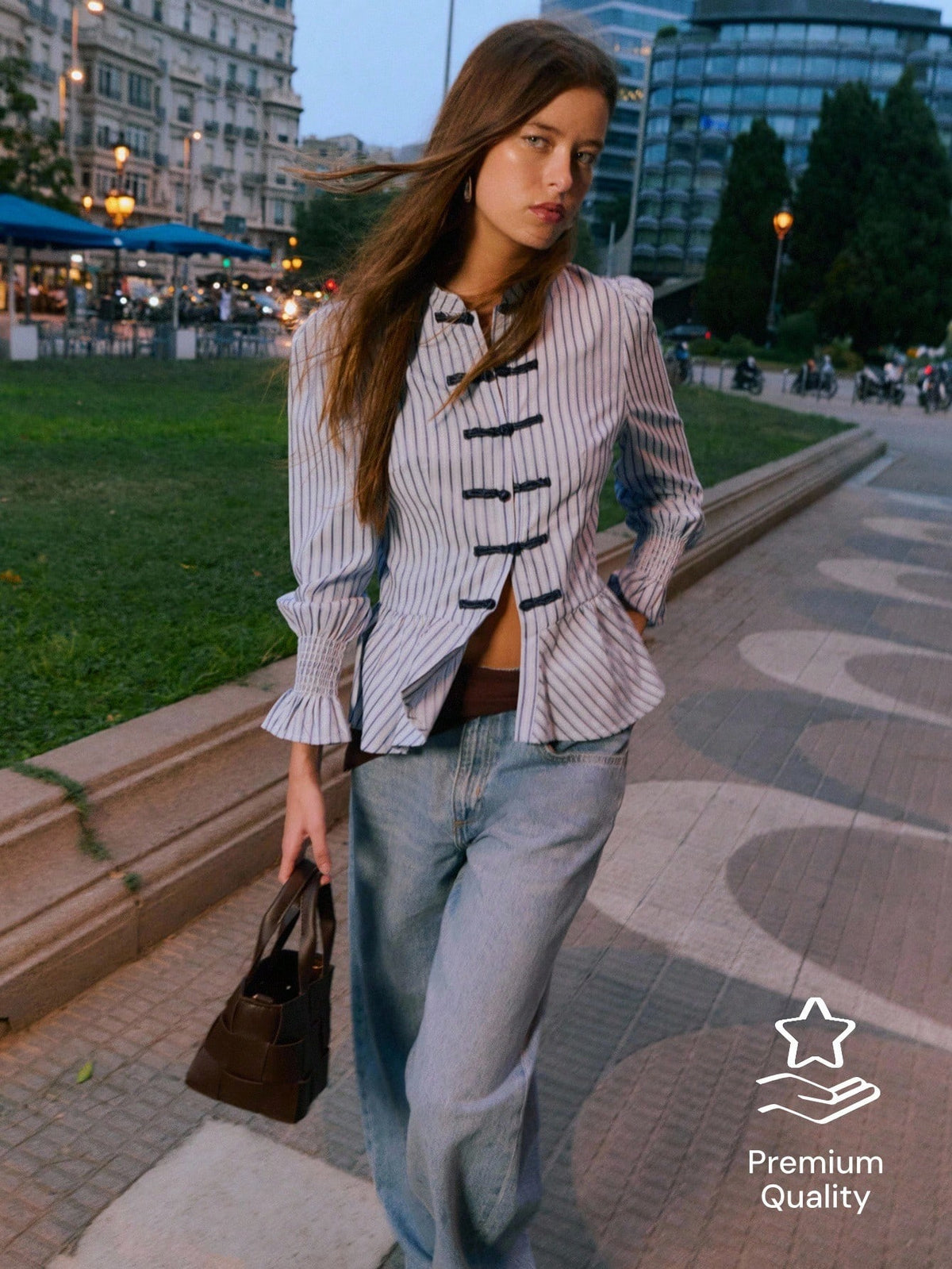 Nöista Striped Peplum Blouse With Mandarin Collar, Perfect For Summer, Fall And Business Casual Looks.