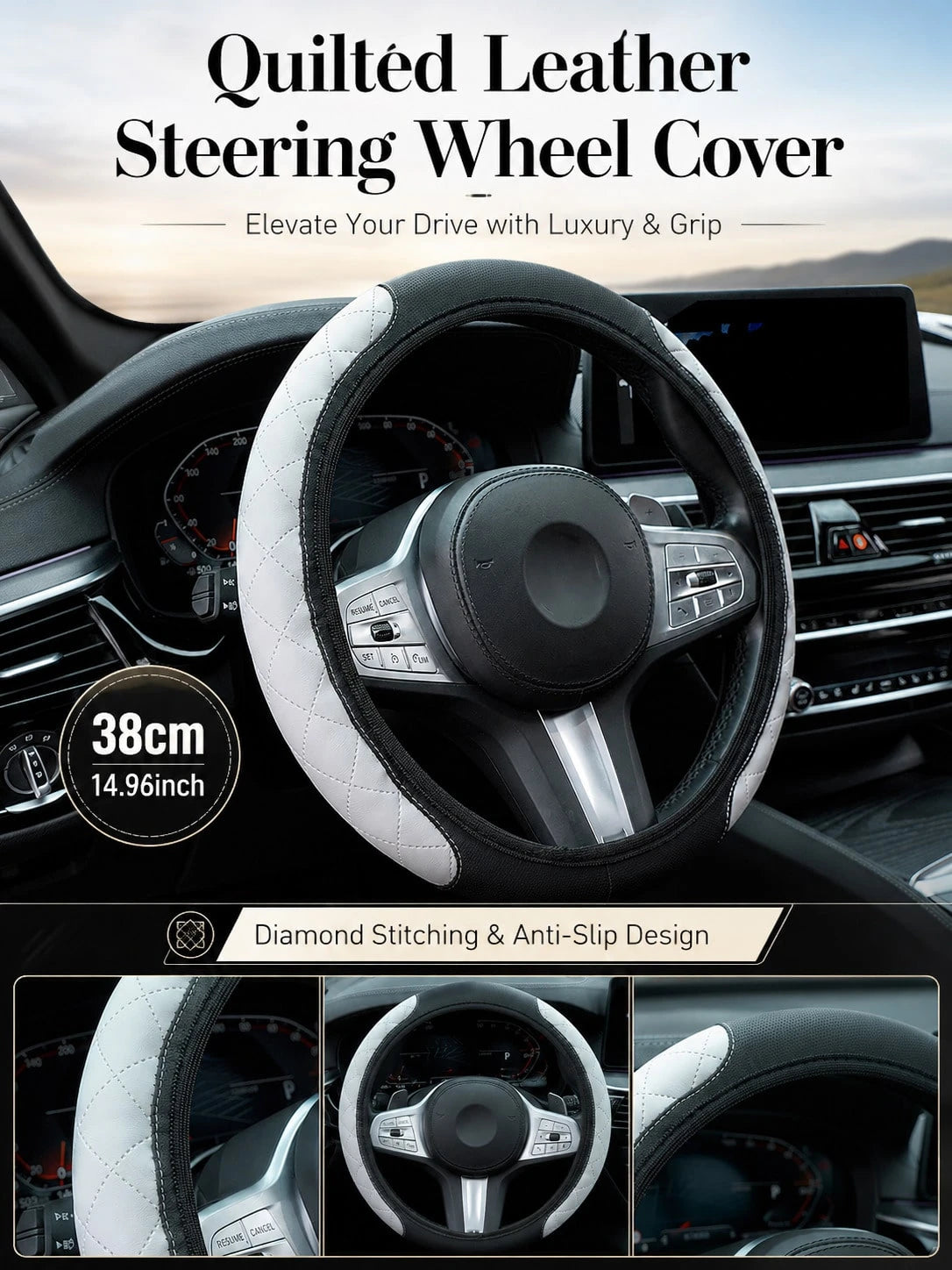 Nappa Leather Steering Wheel Cover, 3D Embossed Breathable Non-Slip Grip, Elastic Universal Fit For Women Men, Luxury Car Interior Accessories (No Inner Ring)