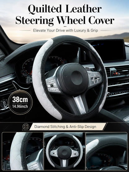 Nappa Leather Steering Wheel Cover, 3D Embossed Breathable Non-Slip Grip, Elastic Universal Fit For Women Men, Luxury Car Interior Accessories (No Inner Ring)