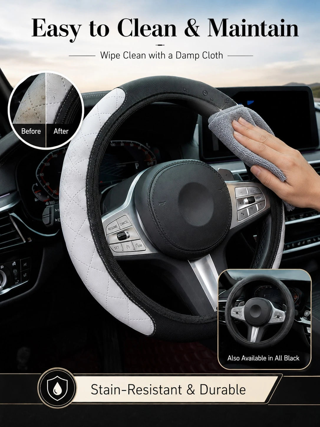 Nappa Leather Steering Wheel Cover, 3D Embossed Breathable Non-Slip Grip, Elastic Universal Fit For Women Men, Luxury Car Interior Accessories (No Inner Ring)