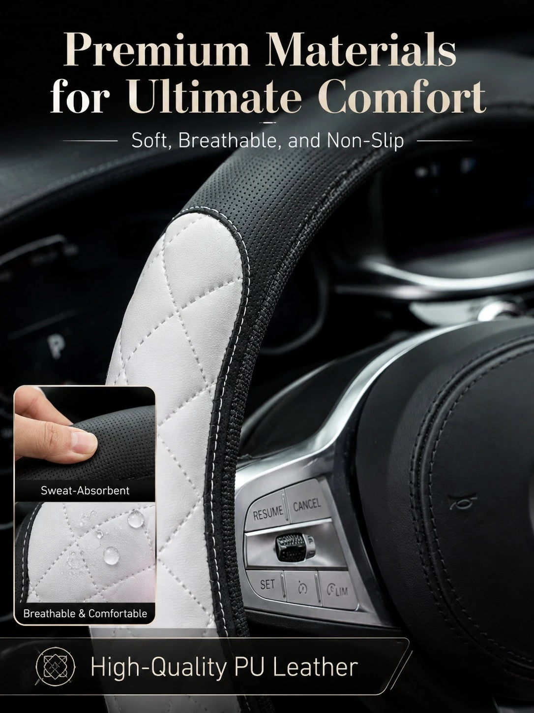 Nappa Leather Steering Wheel Cover, 3D Embossed Breathable Non-Slip Grip, Elastic Universal Fit For Women Men, Luxury Car Interior Accessories (No Inner Ring)