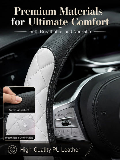 Nappa Leather Steering Wheel Cover, 3D Embossed Breathable Non-Slip Grip, Elastic Universal Fit For Women Men, Luxury Car Interior Accessories (No Inner Ring)