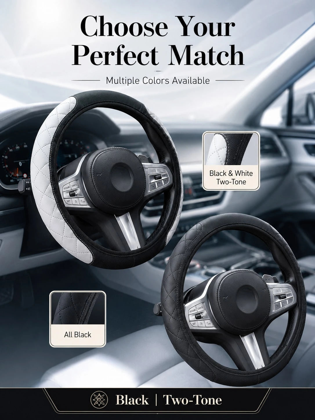Nappa Leather Steering Wheel Cover, 3D Embossed Breathable Non-Slip Grip, Elastic Universal Fit For Women Men, Luxury Car Interior Accessories (No Inner Ring)