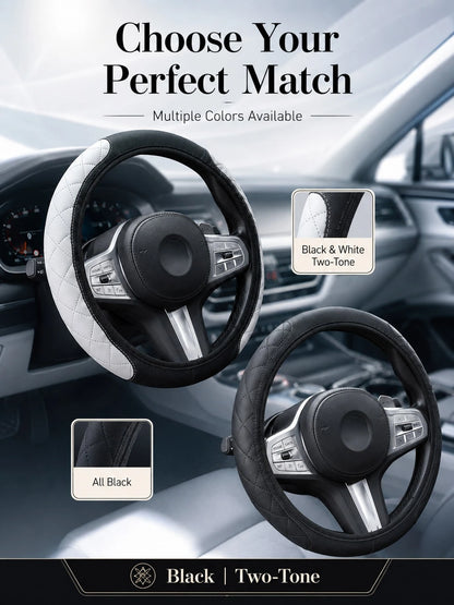 Nappa Leather Steering Wheel Cover, 3D Embossed Breathable Non-Slip Grip, Elastic Universal Fit For Women Men, Luxury Car Interior Accessories (No Inner Ring)