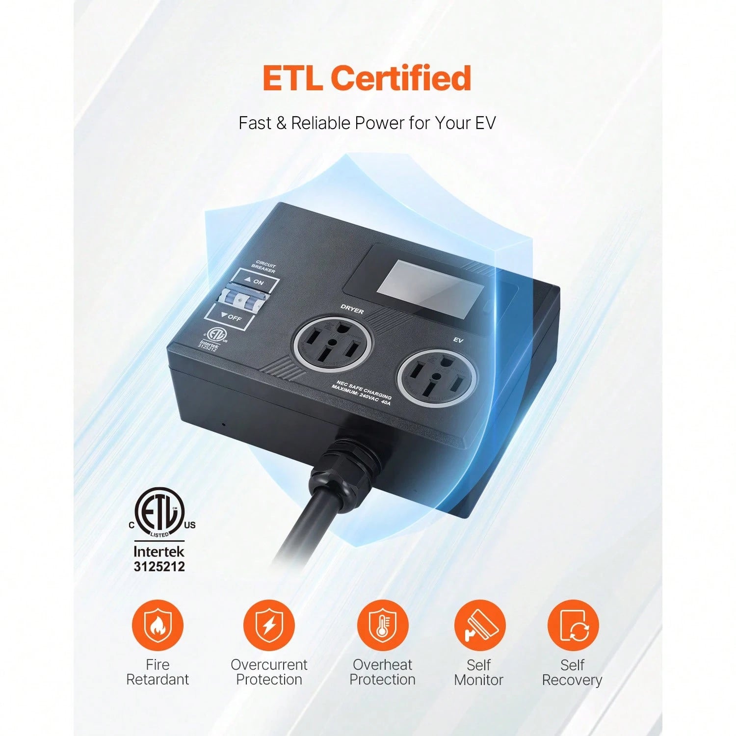 NEMA Splitter For Dryer And EV, 3-Color LED Indicator, 240V Smart Power Distribution, With NEMA 14-50 Plug, Two NEMA 14-50 Outlets, 3.4 In LCD Screen, Max 40A Dryer EV, Tested To ETL Standard