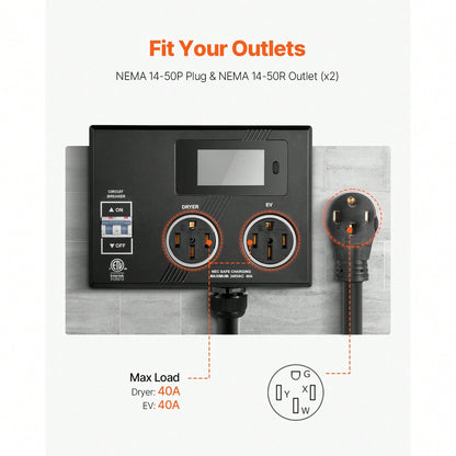 NEMA Splitter For Dryer And EV, 3-Color LED Indicator, 240V Smart Power Distribution, With NEMA 14-50 Plug, Two NEMA 14-50 Outlets, 3.4 In LCD Screen, Max 40A Dryer EV, Tested To ETL Standard