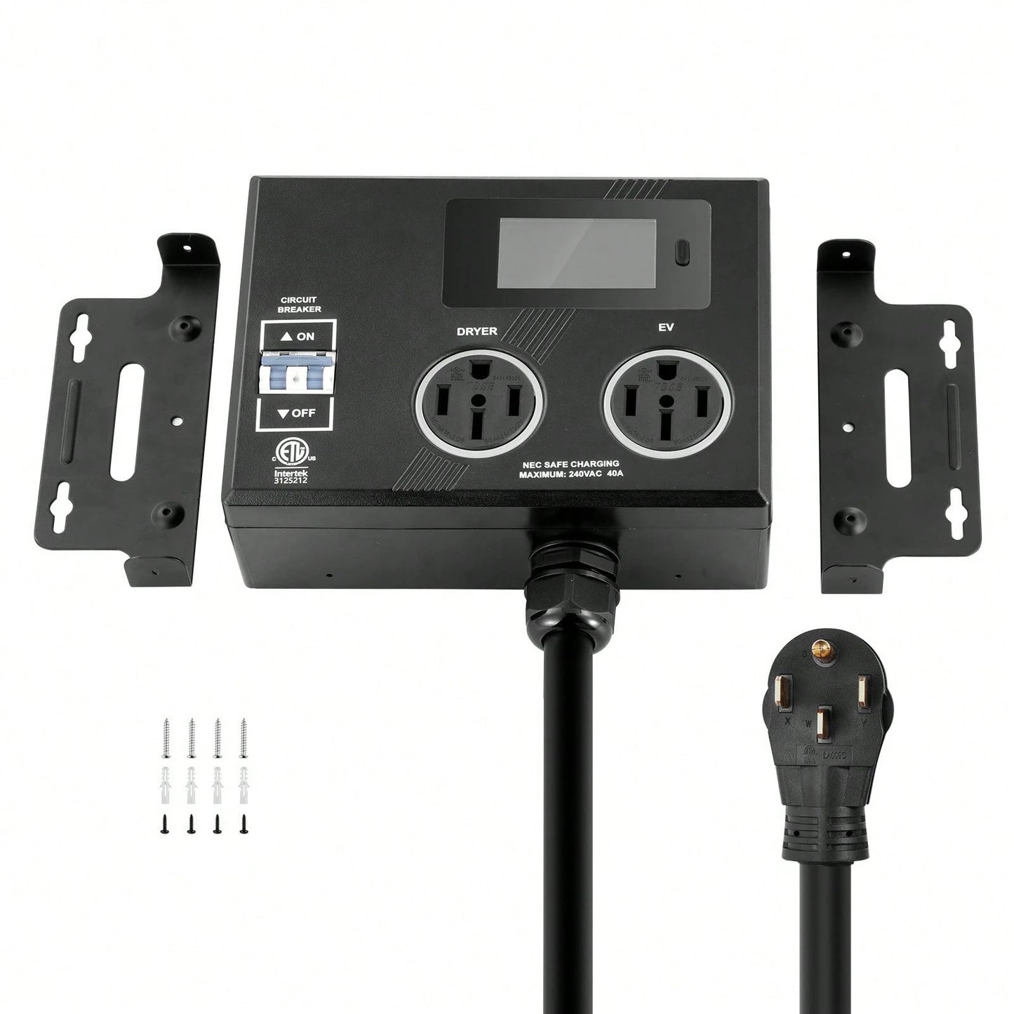 NEMA Splitter For Dryer And EV, 3-Color LED Indicator, 240V Smart Power Distribution, With NEMA 14-50 Plug, Two NEMA 14-50 Outlets, 3.4 In LCD Screen, Max 40A Dryer EV, Tested To ETL Standard
