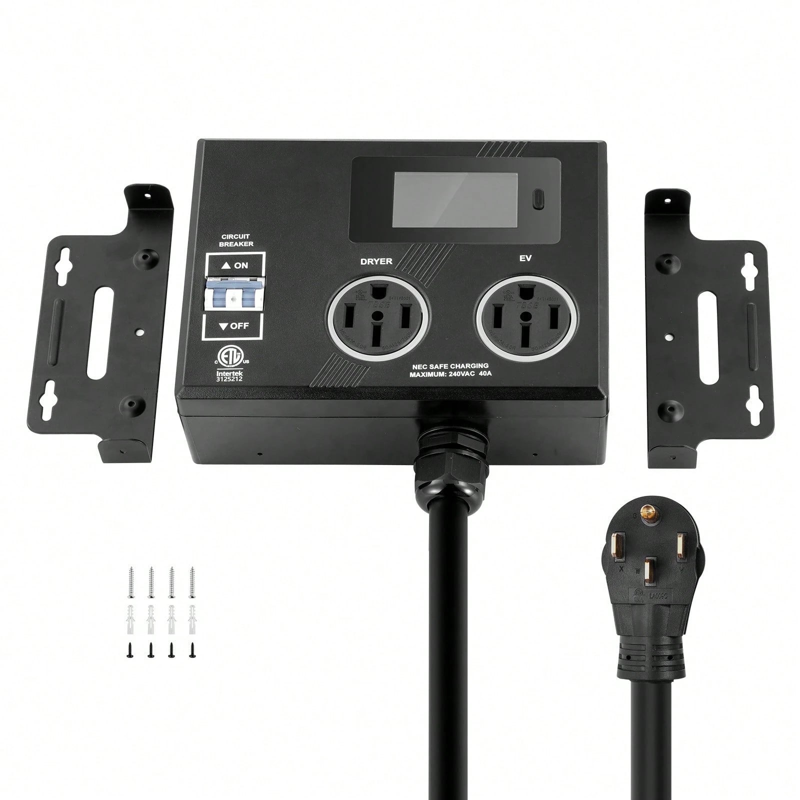 NEMA Splitter For Dryer And EV, 3-Color LED Indicator, 240V Smart Power Distribution, With NEMA 14-50 Plug, Two NEMA 14-50 Outlets, 3.4 In LCD Screen, Max 40A Dryer EV, Tested To ETL Standard