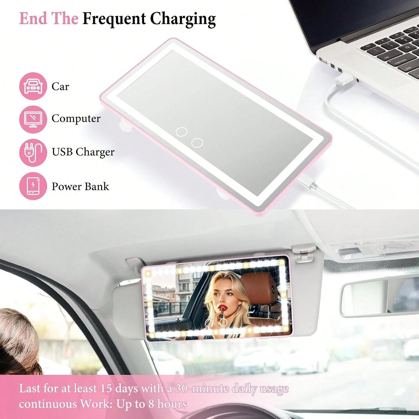 New 2026 Visor Mirror With Rechargeable LED Light, Car Vanity Mirror, Pink| 3 Light Modes & Dimmable Touch Screen, Sun Visor Vanity Mirror,Car Acessesories,Car Accessories Women,Car Decor,Car Essenti