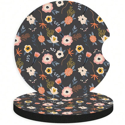 NEW- 2pcs Cute Red Flowers Car Coasters,Absorbent Universal Neoprener Cup Holder Coasters With A Finger Notch,Car Accessories For Women&Man Interior2.75" 5