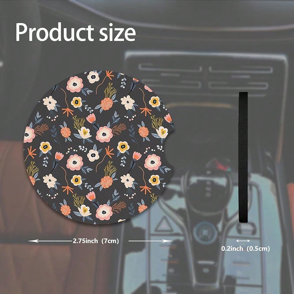 NEW- 2pcs Cute Red Flowers Car Coasters,Absorbent Universal Neoprener Cup Holder Coasters With A Finger Notch,Car Accessories For Women&Man Interior2.75" 5
