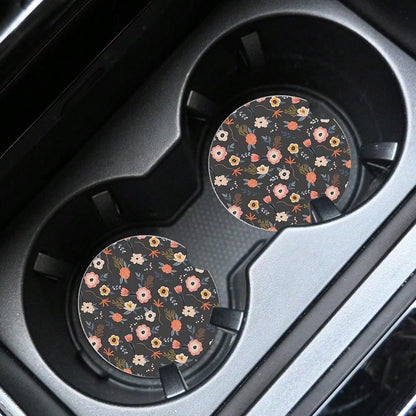 NEW- 2pcs Cute Red Flowers Car Coasters,Absorbent Universal Neoprener Cup Holder Coasters With A Finger Notch,Car Accessories For Women&Man Interior2.75" 5