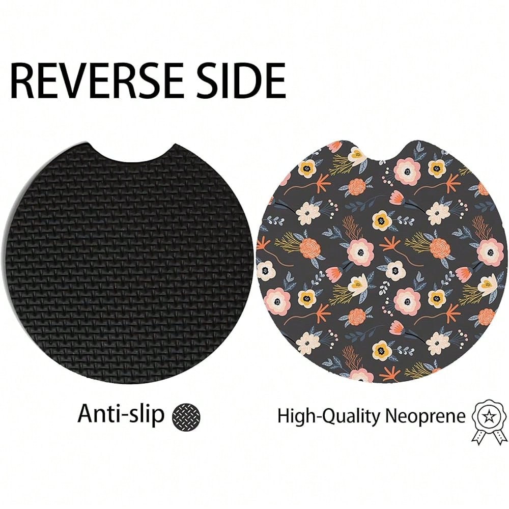 NEW- 2pcs Cute Red Flowers Car Coasters,Absorbent Universal Neoprener Cup Holder Coasters With A Finger Notch,Car Accessories For Women&Man Interior2.75" 5